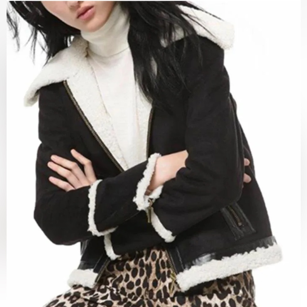 NWOT Michael Michael Kors Black/Bone Aviator Jacket Faux Suede Sherpa Size XS - Picture 2 of 11